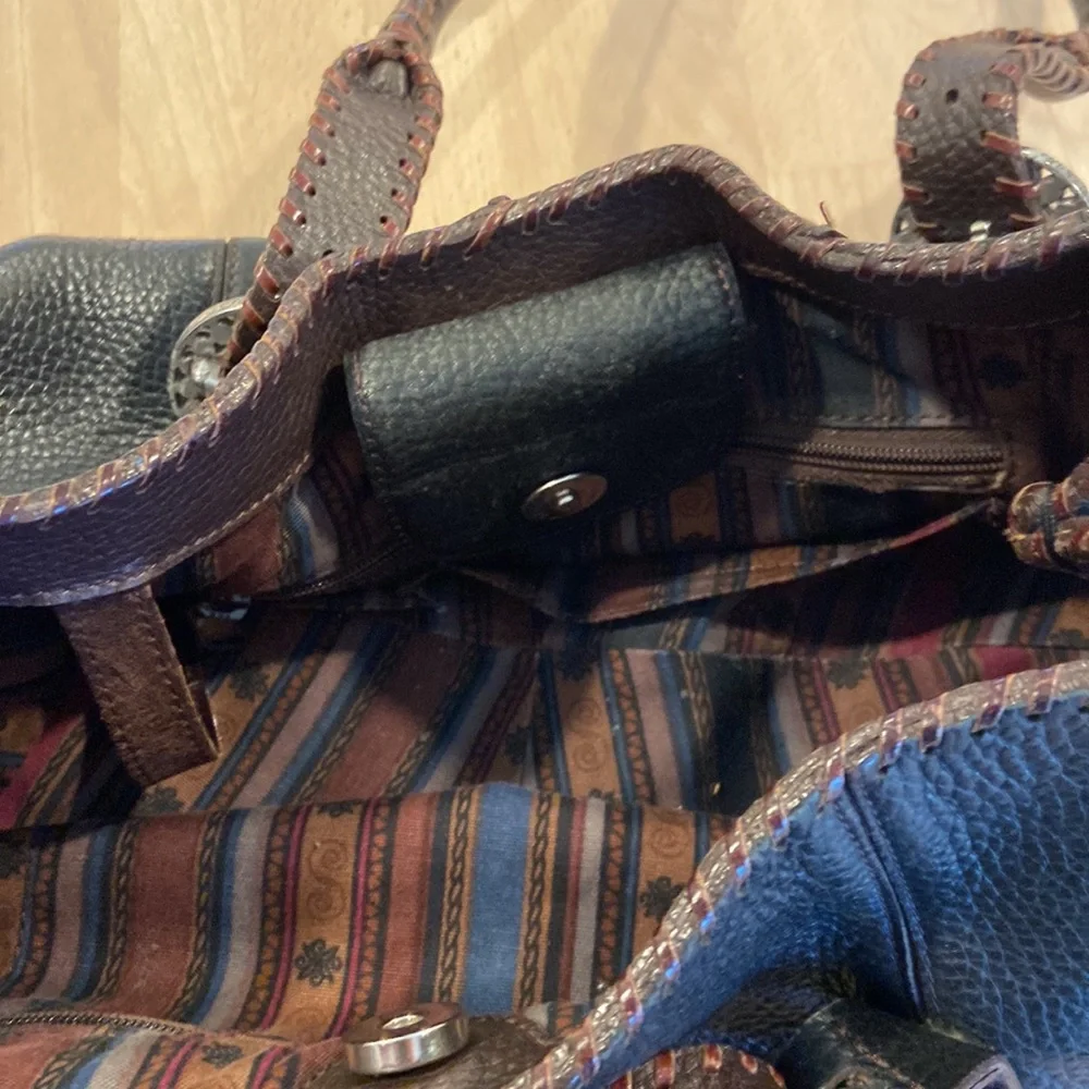 BRIGHTON Rayann Dark Brown Pebble Leather Braided Handles Whipstitch Satchel